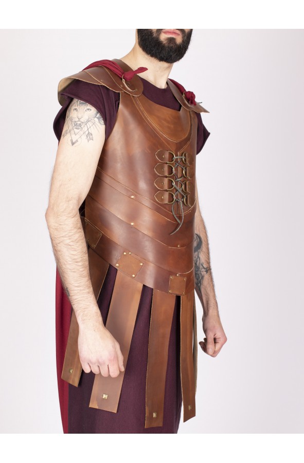 Vintage brown leather Roman armor with strips